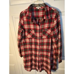 Simply Noelle Plaid Flannel Tunic Blouse Red Green White Long Sleeve L/XL